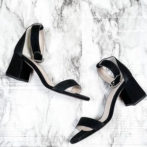 Black Farioz Suede Heeled Ankle Strap Sandals Pumps